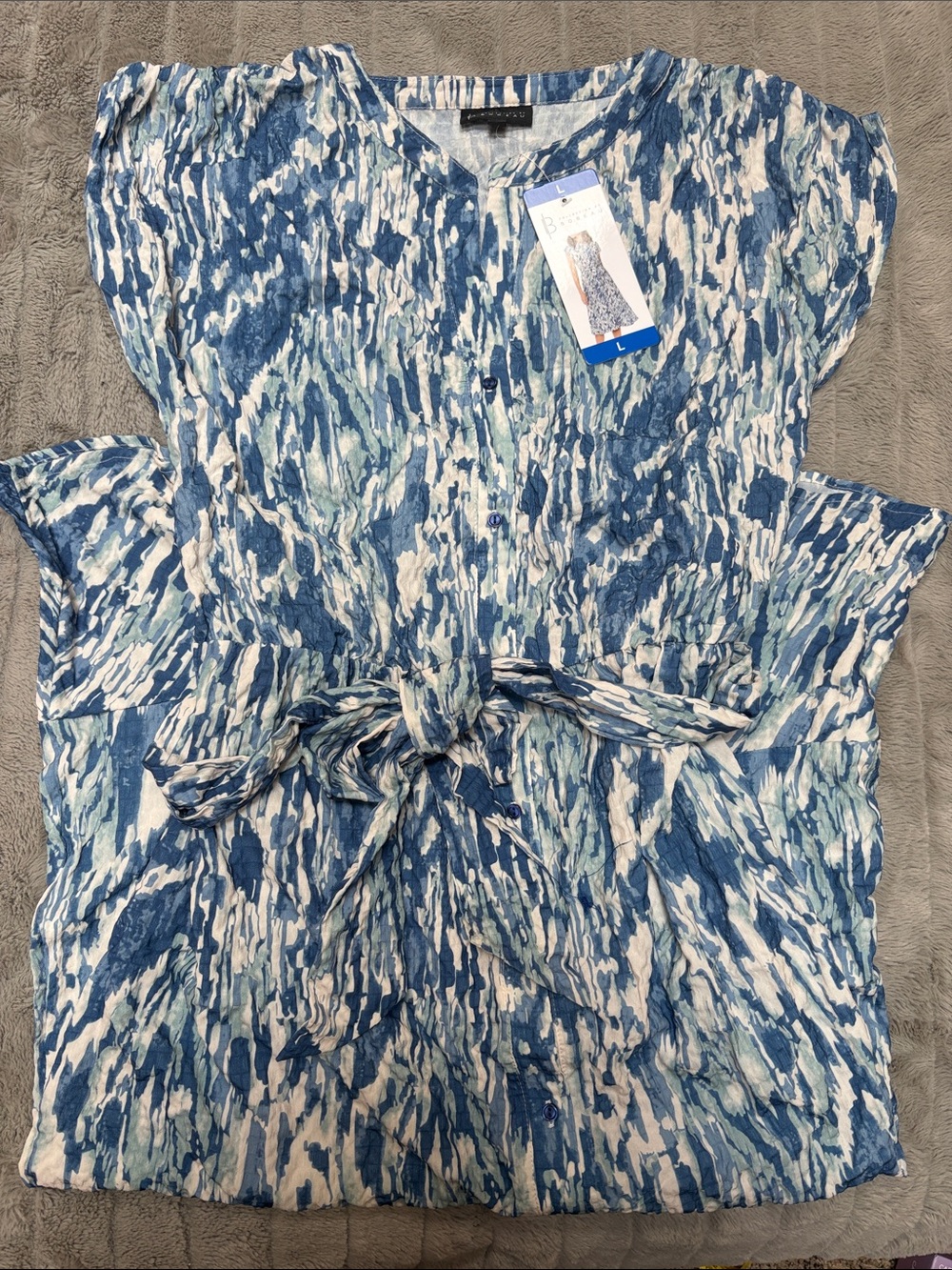 Women’s bobeau Blue and White Abstract Print Tie-Waist Dress size Large